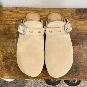 Beige Suede Buckle Clogs